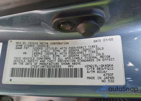 2005 Toyota 4Runner Sr5 V8 z USA, uszkodzony, nr VIN JTEBT14R750056583